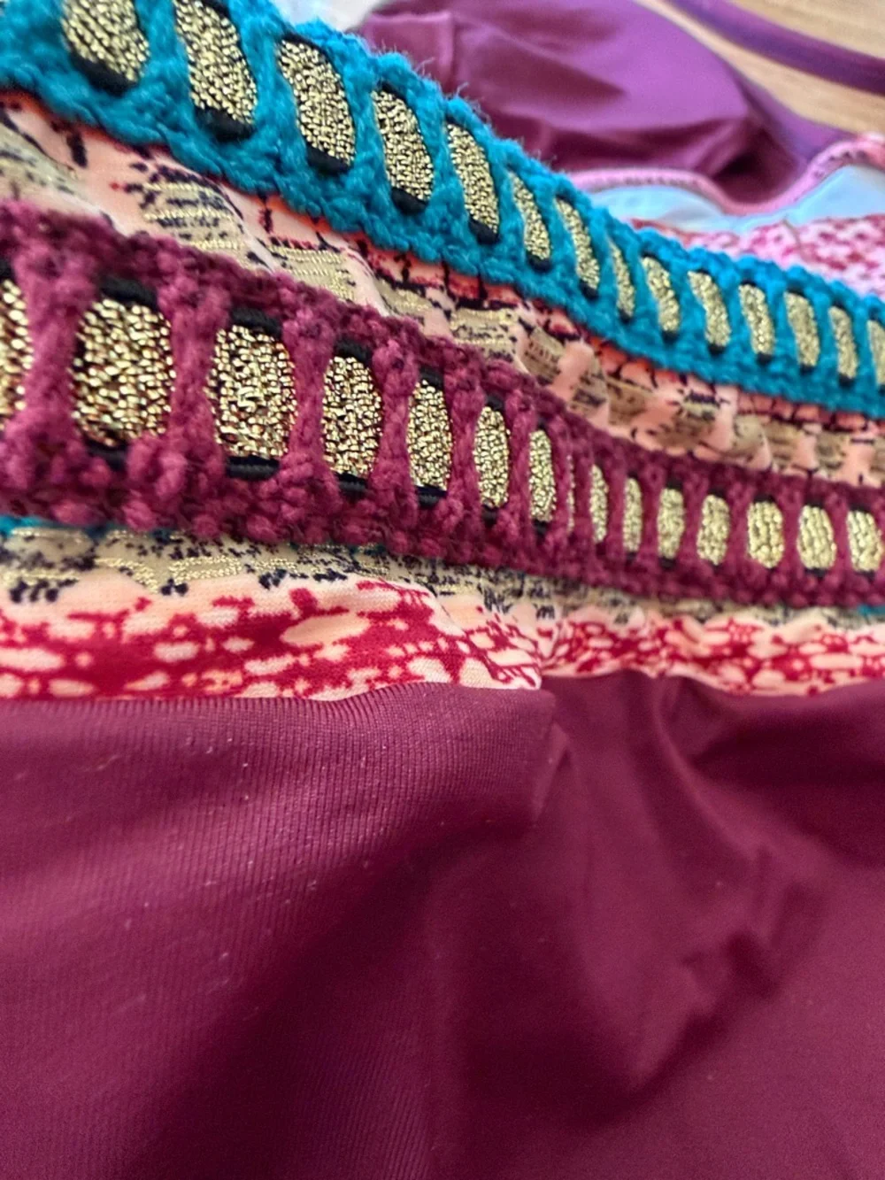 La Blanca Burgundy Bikini with Turquoise and Gold Trim